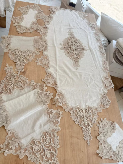 Salon Takımı Çeyizlik Krem Runner Set 5 Parça Kadife Masa Örtüsü Runneri Eva