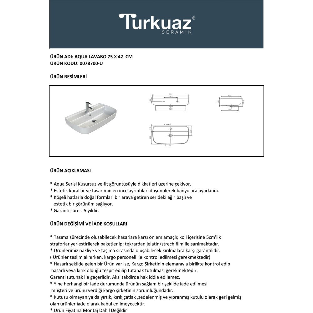 75x40 cm Tezgah Üstü Turkuaz Seramik Eviye