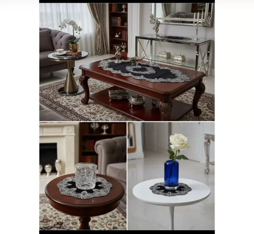 Elora Model Siyah Velvet Kadife 5 Parça Dantelli Salon Takımı Runner Seti