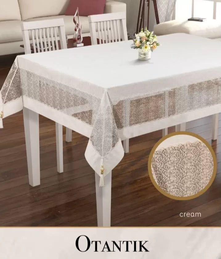 Keten İşlemeli Masa Örtüsü 160x260 cm Dantelli Yemek Masası Örtüsü Otantik Model Krem