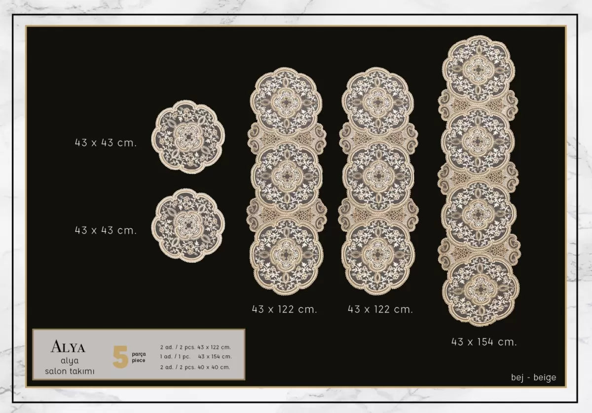 Alya Model Gold 5 Parça Salon Takımı Dantelli Masa Örtüsü Runner Seti