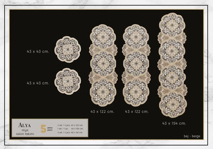 Alya Model Gold 5 Parça Salon Takımı Dantelli Masa Örtüsü Runner Seti