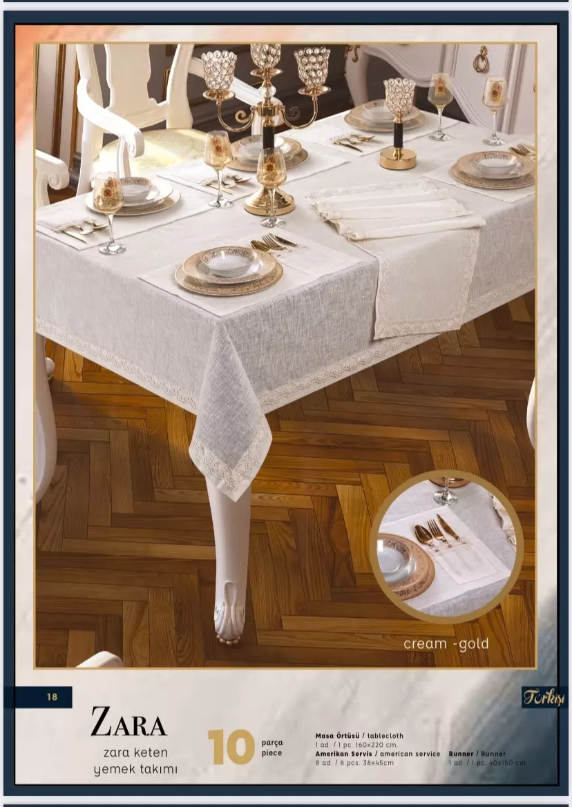 Linen Zara 26 Parça 12 Kişilik Yemek Takımı Masa Seti155 × 220 cm Runner Krem Şık Ev Tekstili