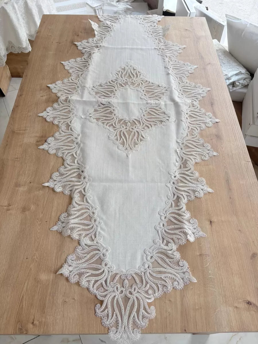 Salon Takımı Çeyizlik Krem Runner Set 5 Parça Keten Ranır Masa Konsol Sehpa Örtüsü Gülseda