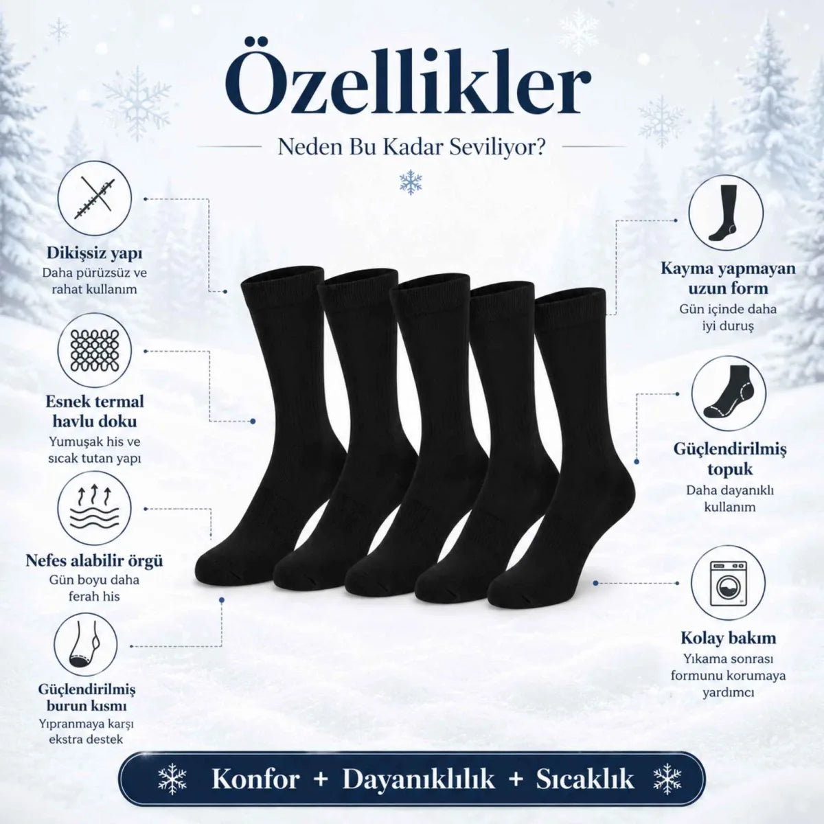 Kadın Siyah 6'lı Kışlık Termal Uzun Çorap | Dikişsiz, Esnek Havlu Dokulu, Sıcak Tutan, Güçlendirilmiş Topuk ve Burun