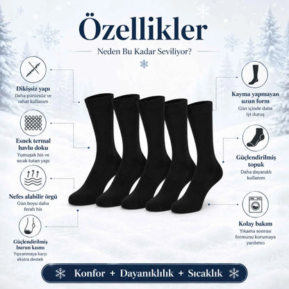Kadın Siyah 6'lı Kışlık Termal Uzun Çorap | Dikişsiz, Esnek Havlu Dokulu, Sıcak Tutan, Güçlendirilmiş Topuk ve Burun