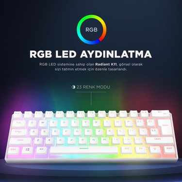 Rampage RADIANT K11 Siyah Type-C Bağlantılı RGB Puding Tuşlu US Layout (ingilizce Q Klavye) Red