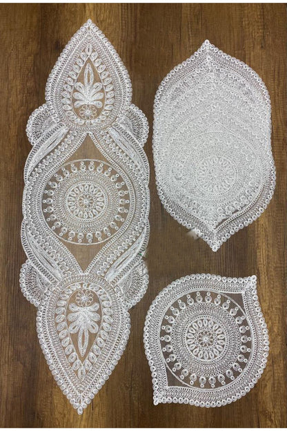 Nakışlı Supla Runner Seti Modern Amerikan Servis Takımı 6 Kişilik Set Krem