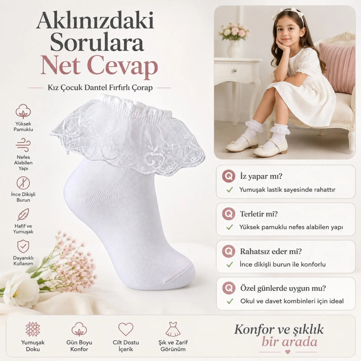 Kız Çocuk 6'lı Beyaz Dantelli Soket Çorap, Yüksek Pamuklu Okul Gösteri ve Özel Gün Çorabı