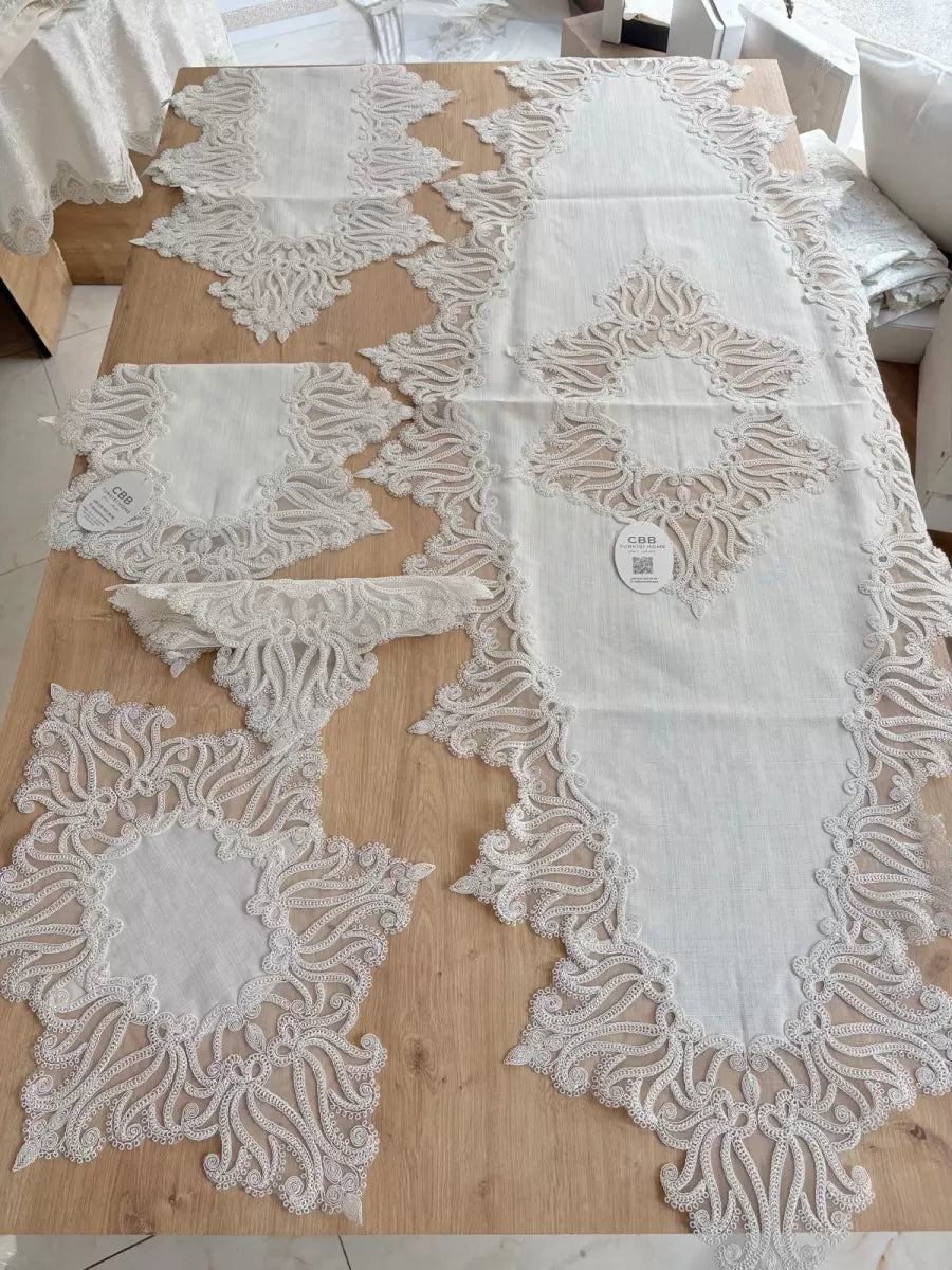 Salon Takımı Çeyizlik Krem Runner Set 5 Parça Keten Ranır Masa Konsol Sehpa Örtüsü Gülseda