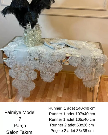 Salon Takımı 7 Parça Keten Masa Örtüsü Runner Seti Çeyizlik Palmiye Model Gri