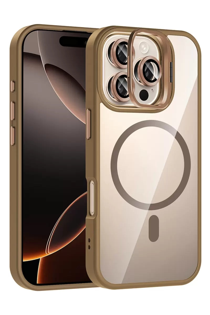 iPhone 16 Pro Max Remim Lensli Magsafe Standlı Kapak - Kahverengi