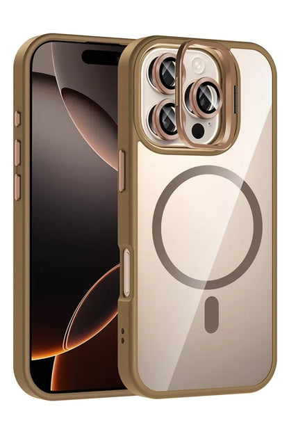 iPhone 16 Pro Max Remim Lensli Magsafe Standlı Kapak - Kahverengi