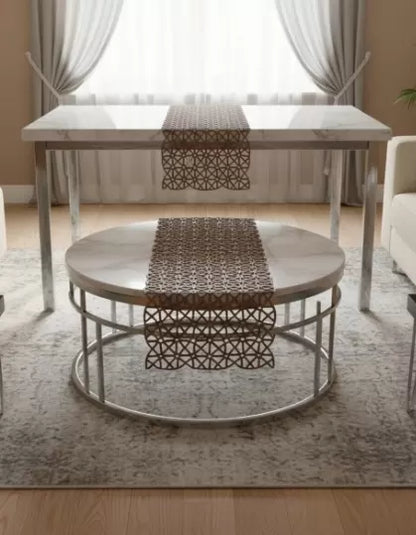Angles Model Kahverengi 5 Parça Dantel Runner Seti Masa Örtüsü Salon Takımı