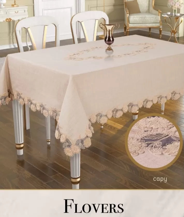 Keten 3D İşlemeli Tek Masa Örtüsü 160x260cm Dantelli Yemek Masası Örtüsü Flowers Model Kapiçino