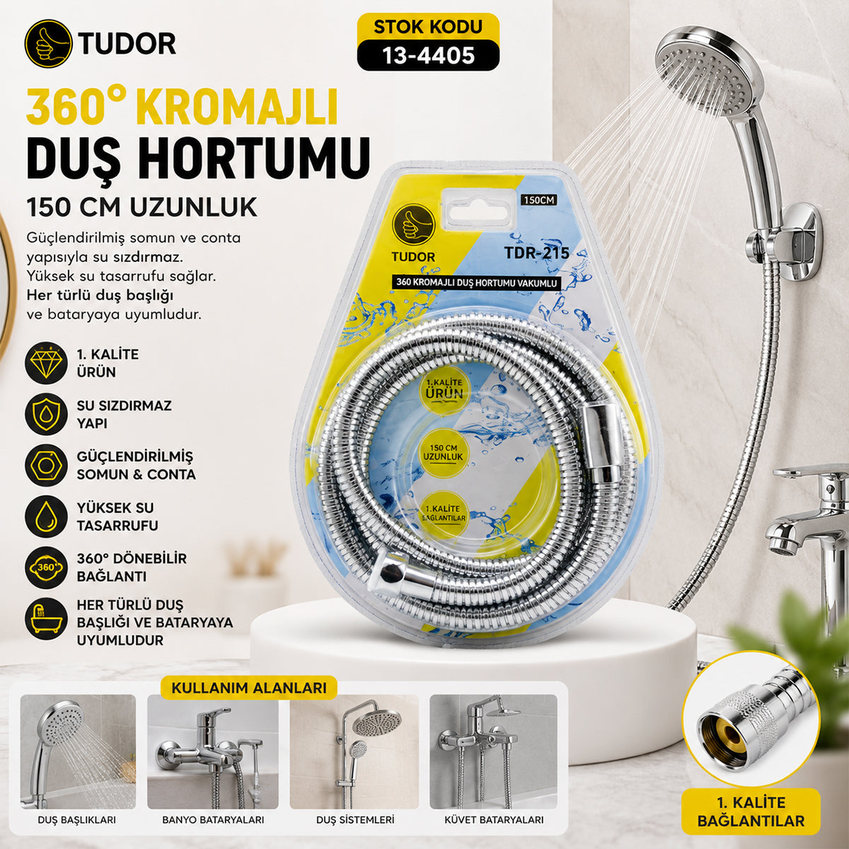 150 cm Metal Duş Hortumu 360° Döner