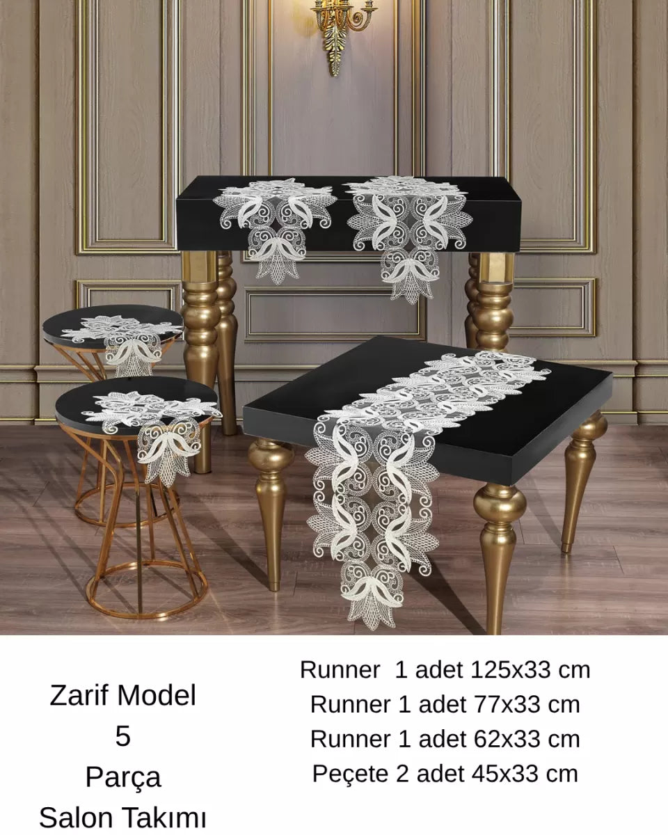 Zarif Model Simli Oksit Renk Çeyizlik Dantelli Masa Örtüsü Runner Seti 5 Parça