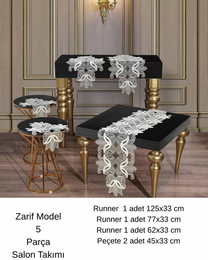 Zarif Model Simli Oksit Renk Çeyizlik Dantelli Masa Örtüsü Runner Seti 5 Parça