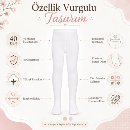 Kız Çocuk Beyaz 40 Denye Pamuklu Opak Külotlu Çorap Okul Bale ve Özel Gün Çorabı