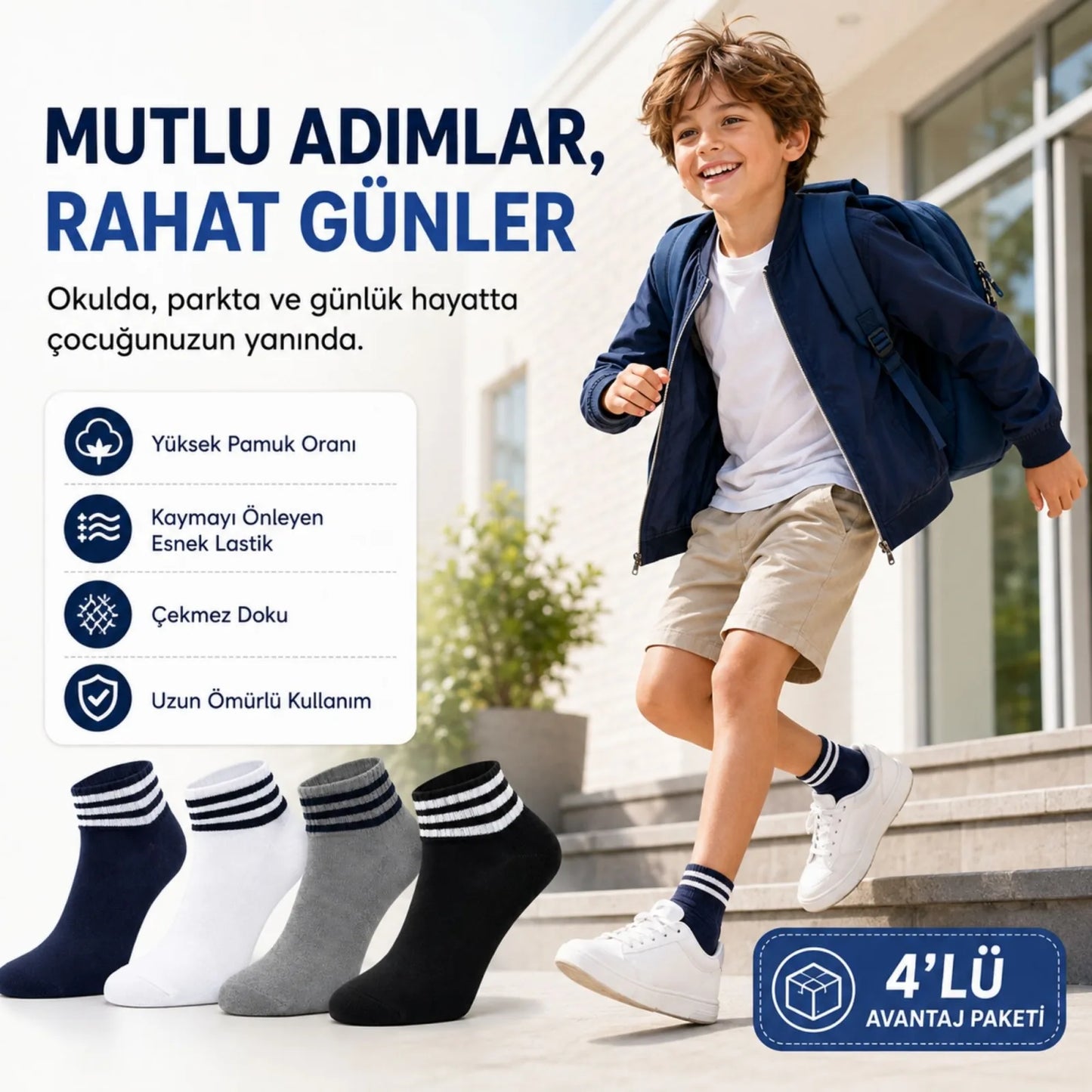 Erkek Çocuk 4'lü Pamuklu Çizgili Patik Çorap Nefes Alan Esnek Günlük Spor Okul Çorabı Rahat ve Dayanıklı