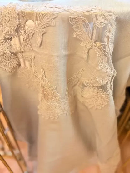 Flowers Model Gri 5 Parça Keten Dantelli Masa Örtüsü Runner Seti Dekoratif Salon Takımı