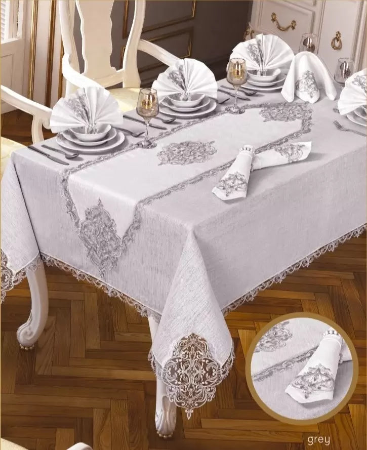 Elegant Linen Krem-Gümüş 12 Kişilik 26 Parça 160 × 220 cm Premium Sofra Masa Takımı