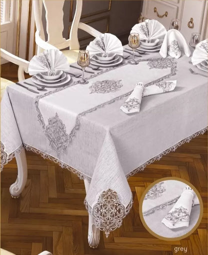 Elegant Linen Krem-Gümüş 12 Kişilik 26 Parça 160 × 220 cm Premium Sofra Masa Takımı