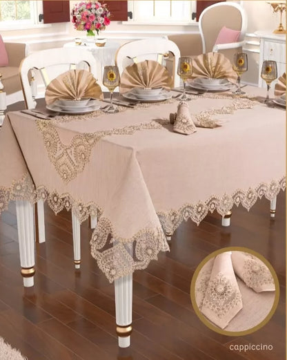 Kapiçino Kartanesi Gardenya Keten 12 Kişilik 160 × 220 cm Yemek Takımı Masa Seti