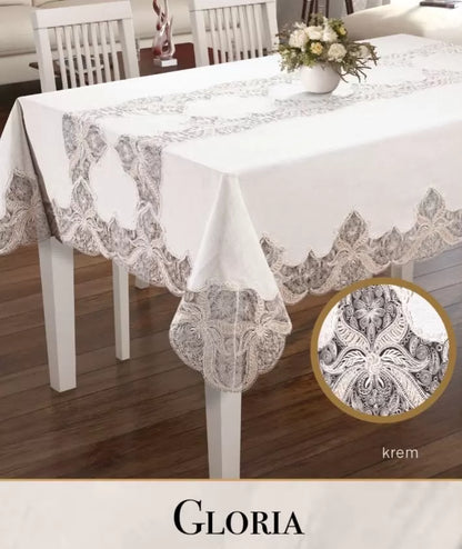 Gloria Model Krem Keten 160x300 cm Dantelli Tek Masa Örtüsü Şık Yemek Masası