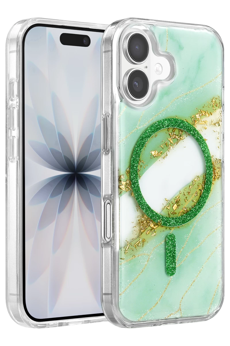 Onegif iPhone 16 Lotus Simli Magsafe Kapak - Yeşil