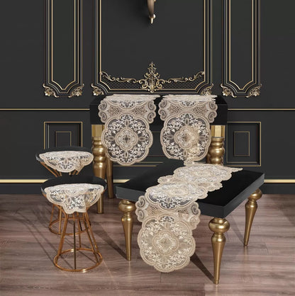 Alya Model Gold 5 Parça Salon Takımı Dantelli Masa Örtüsü Runner Seti