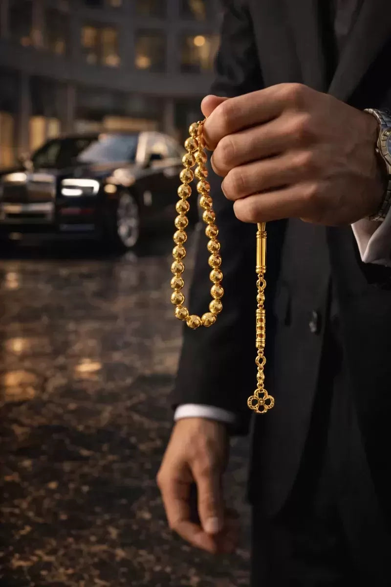 14K Altın Kaplama Erkek Arpa Kesim Bilek Boy Tesbih? Lüks Hediye Kutulu