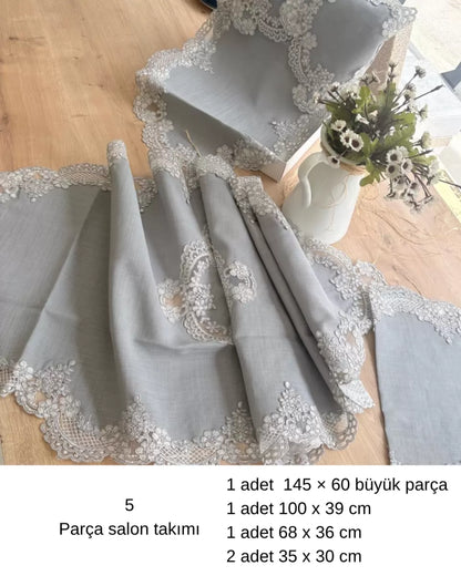 5 Parça Gri Firuze Model Keten Dantelli Masa Örtüsü Runner Seti Çeyizlik Salon Takımı
