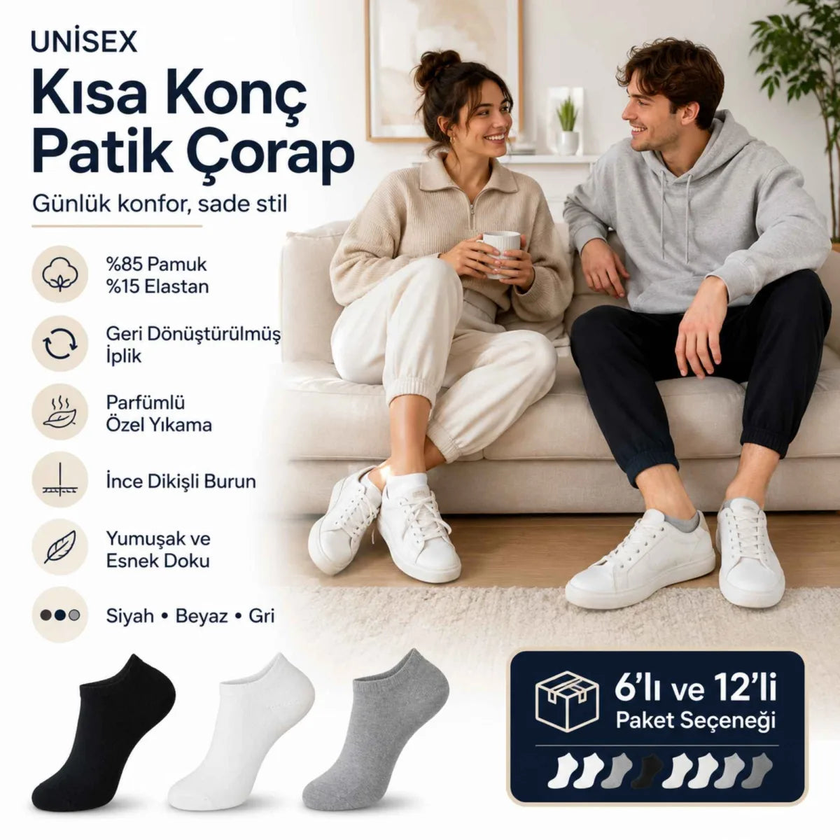 Unisex Dikişsiz Kısa Konç 12'li Patik Çorap, %85 Pamuklu Geri Dönüştürülmüş İplik, Parfümlü, Siyah Beyaz Gri, Yumuşak Nefes Alan Günlük Spor Çorabı