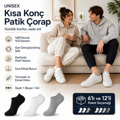 Unisex Dikişsiz Kısa Konç 12'li Patik Çorap, %85 Pamuklu Geri Dönüştürülmüş İplik, Parfümlü, Siyah Beyaz Gri, Yumuşak Nefes Alan Günlük Spor Çorabı