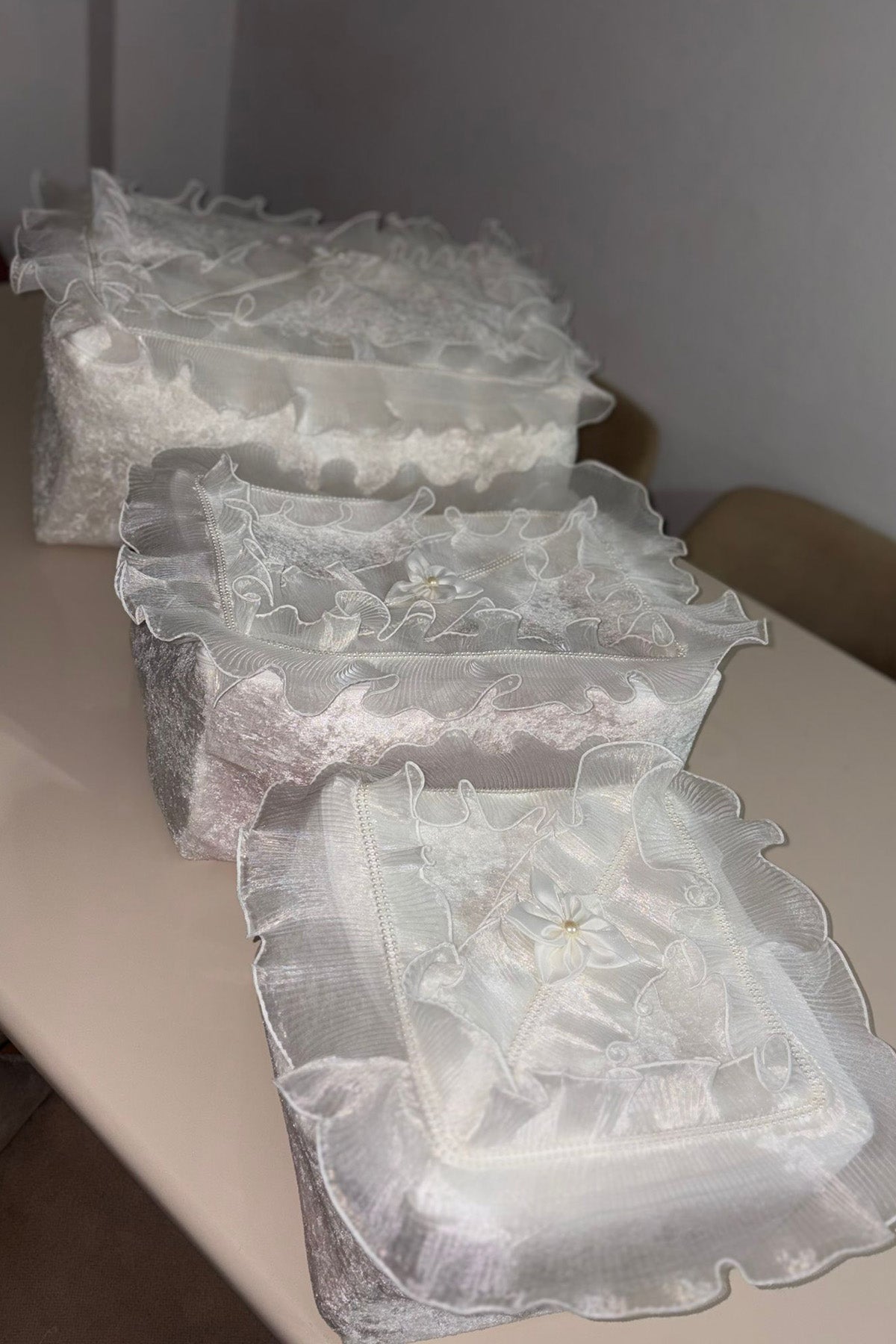 Pliseli Kadife 3lü Hurç, Kadife Söz Nişan Hurcu Çeyizlik 3 lü Set Çeyizlik Hurç Seti Krem