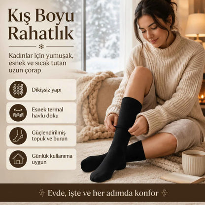 Kadın Siyah 6'lı Kışlık Termal Uzun Çorap | Dikişsiz, Esnek Havlu Dokulu, Sıcak Tutan, Güçlendirilmiş Topuk ve Burun