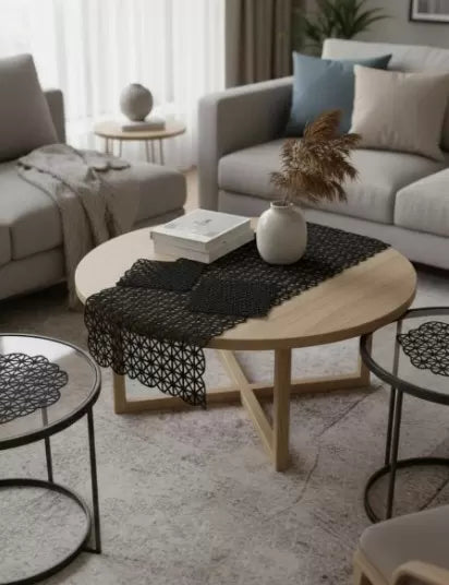 Salon Takımı Angles Çeyizlik Siyah Runner Set 5 Parça İşlemeli Ranır Masa Sehpa Konsol Örtüsü