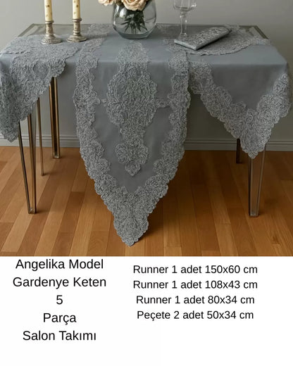 Salon Takımı 5 Parça Keten Dantelli Masa Örtüsü Runner Seti Angelika Model -236 Simli Gri