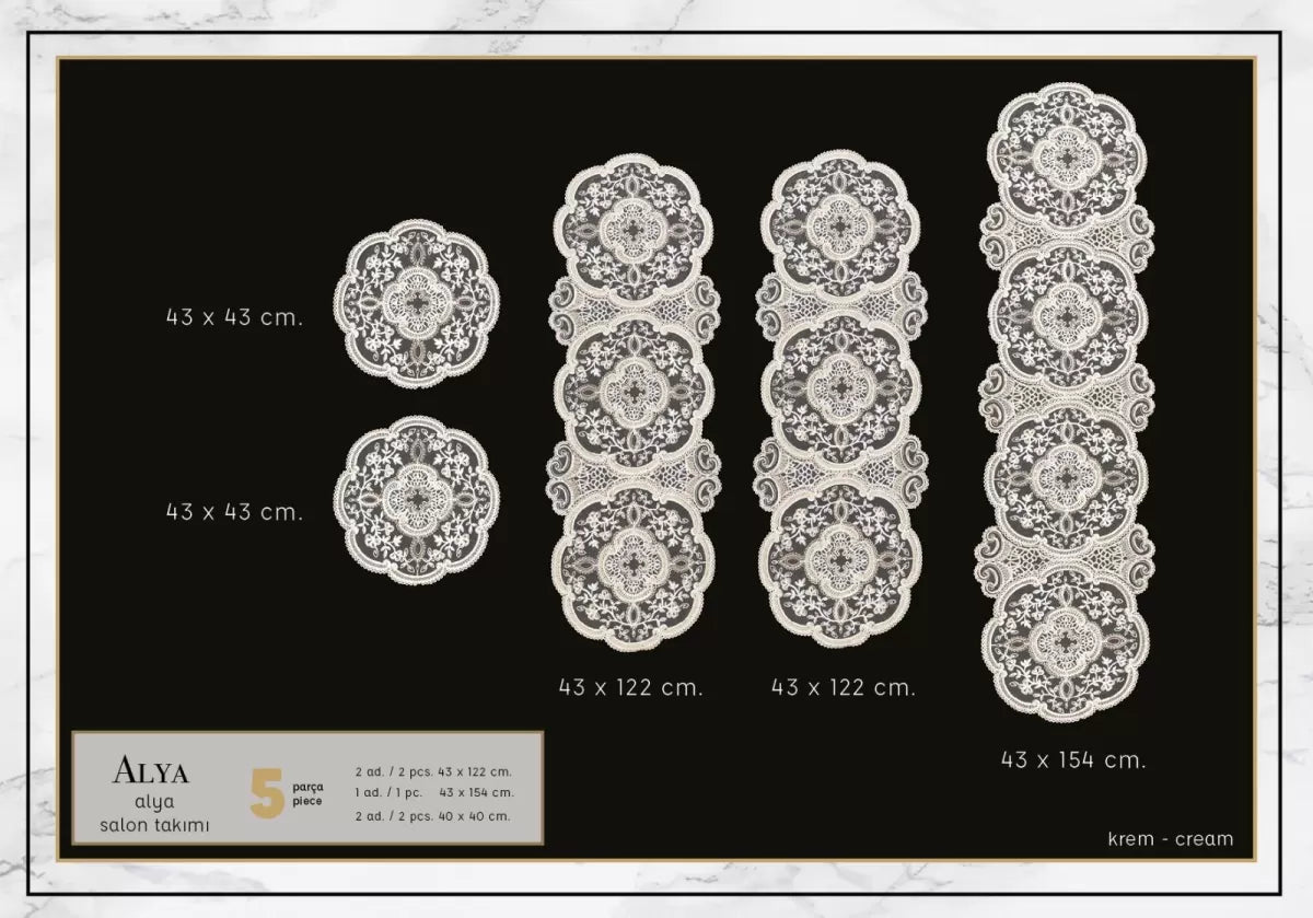 Alya Krem 5 Parça Salon Takımı Dantelli Masa Örtüsü Runner Seti Modern Tasarım