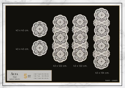 Alya Krem 5 Parça Salon Takımı Dantelli Masa Örtüsü Runner Seti Modern Tasarım