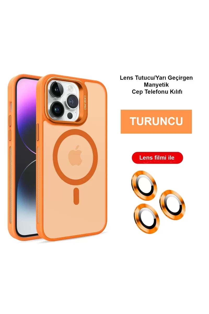 iPhone 14 Pro Kılıf Flet Lens Magsafe Kapak - Turuncu