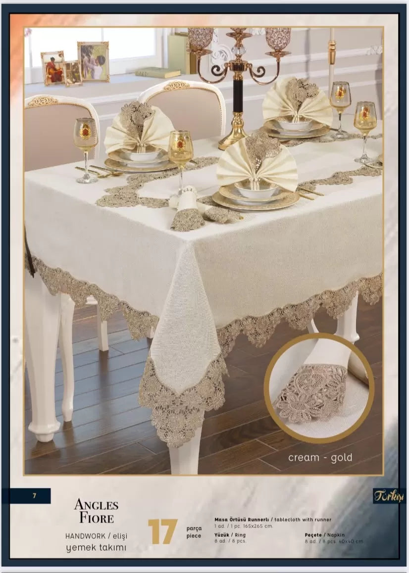 El İşi Angles Flora 17 Parça 8 Kişilik165 × 265 cm Runner Krem-Gold Şık Çeyizlik Masa Takımı