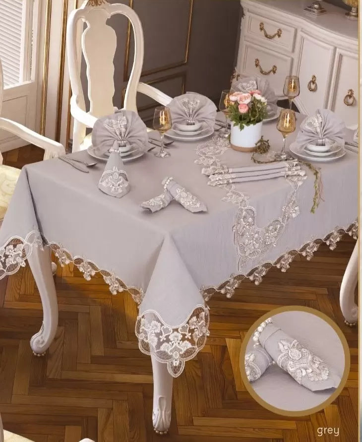 Gardenya Keten Karanfil Gri 26 Parça 12 Kişilik160 × 260 cm Masa Takımı