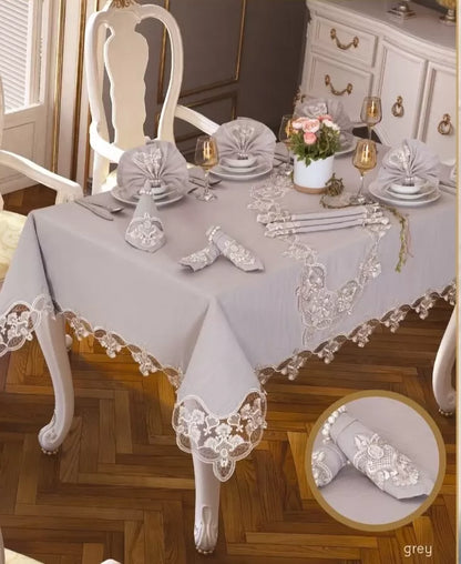 Gardenya Keten Karanfil Gri 26 Parça 12 Kişilik160 × 260 cm Masa Takımı