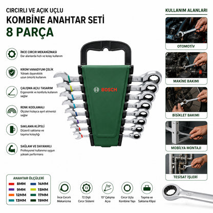 8 Parça 8-19 mm Kombine Anahtar Takımı (Plastik Standlı, Taşıma Aparatlı)