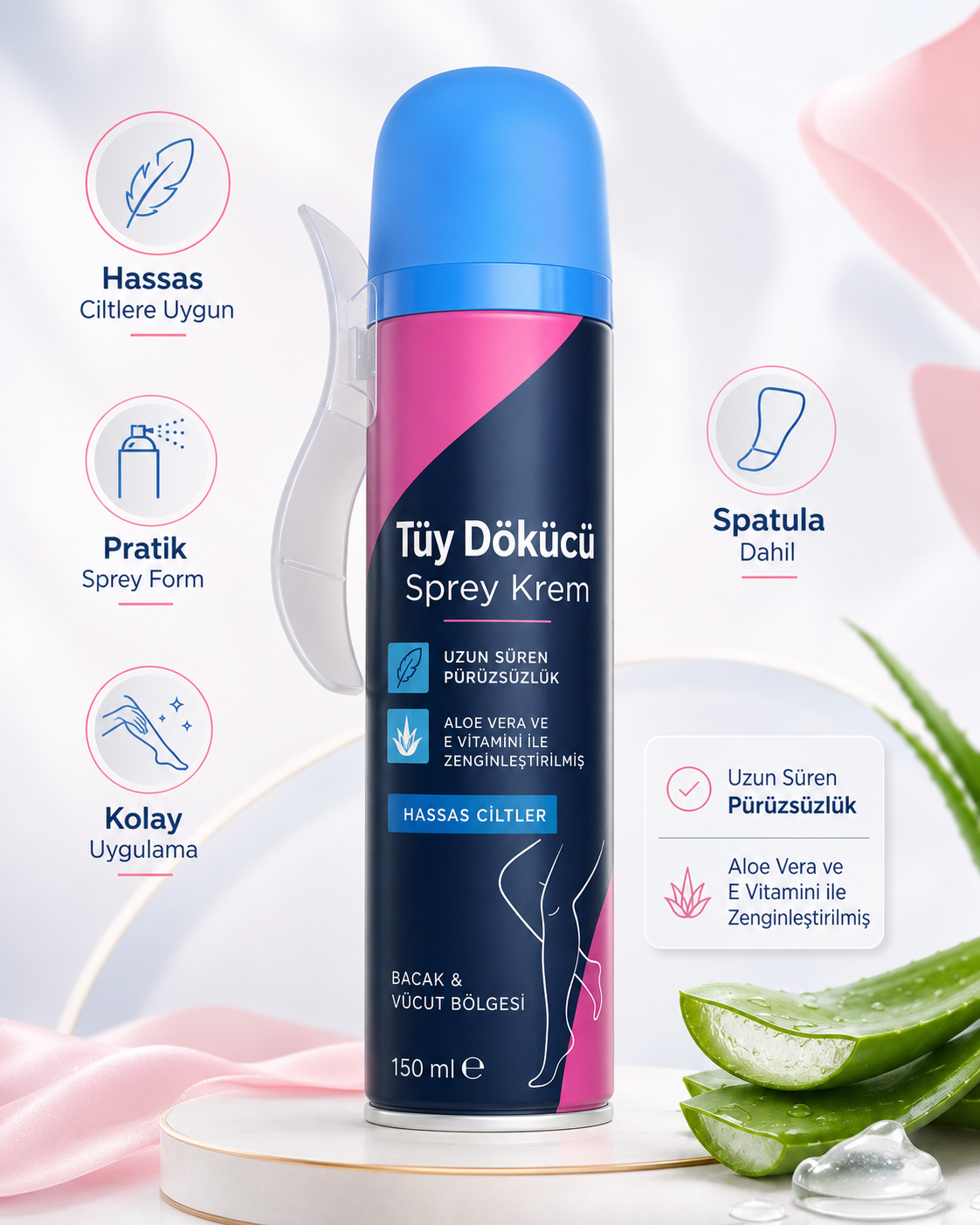 Tüy Dökücü Sprey Krem 150 ml Hassas Ciltler İçin Bacak ve Vücut Bölgesi Pratik Kullanım