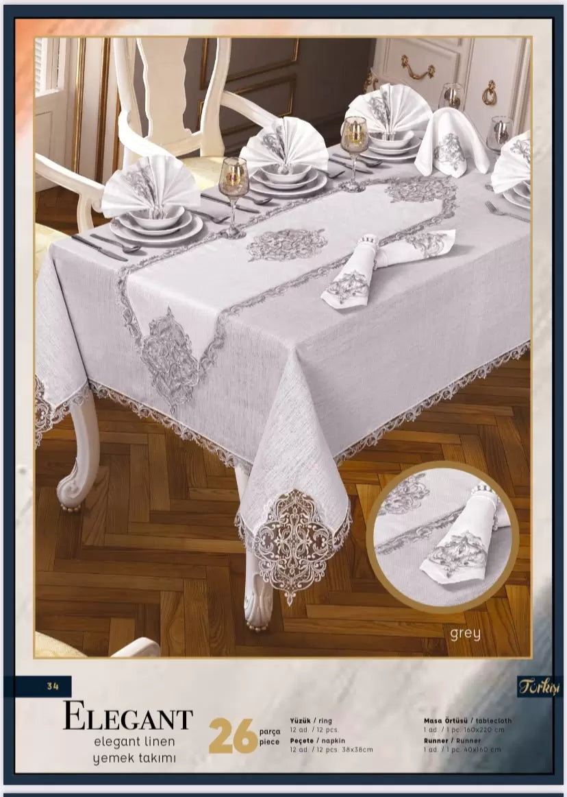 Elegant Linen Krem-Gümüş 12 Kişilik 26 Parça 160 × 220 cm Premium Sofra Masa Takımı