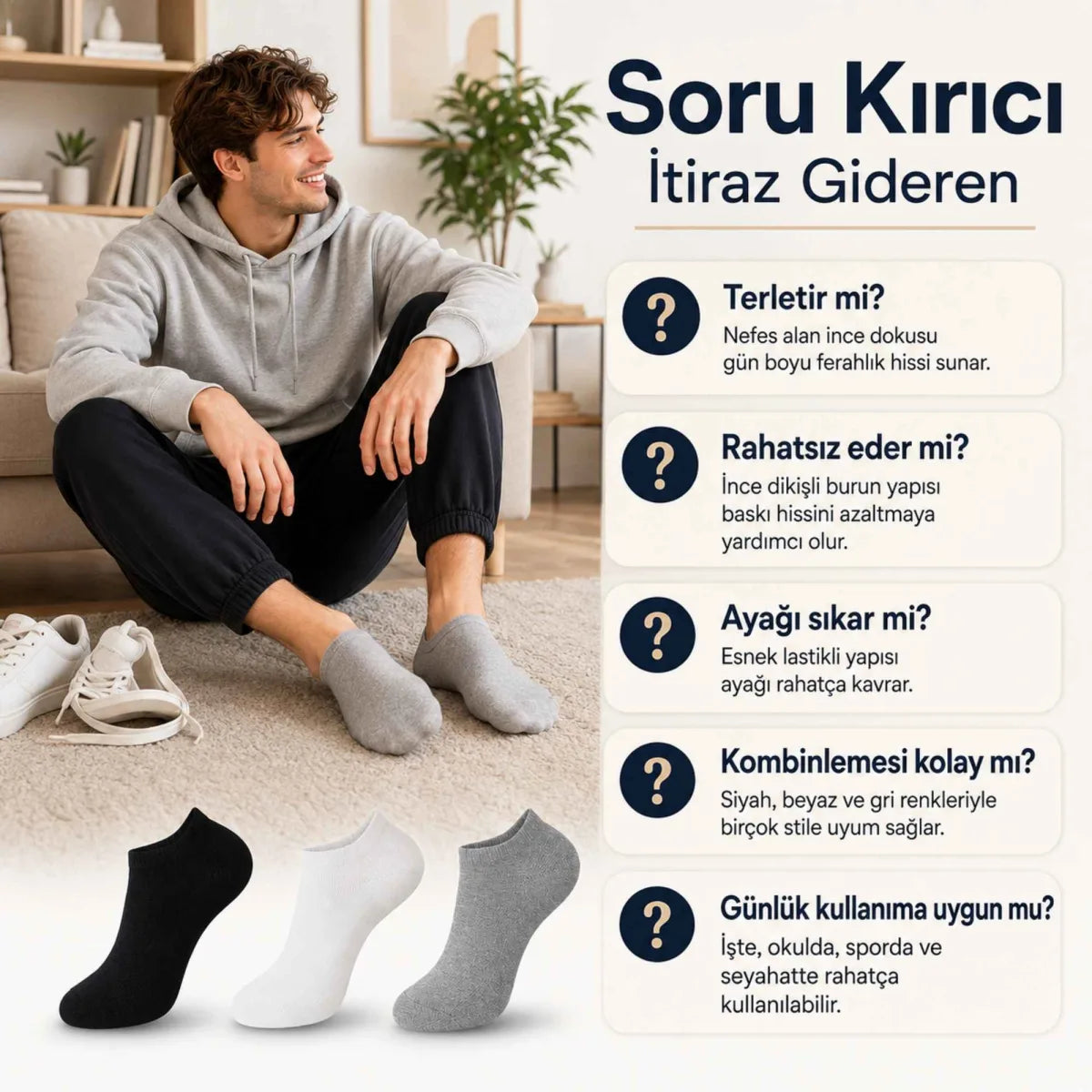 Unisex Dikişsiz Kısa Konç 12'li Patik Çorap, %85 Pamuklu Geri Dönüştürülmüş İplik, Parfümlü, Siyah Beyaz Gri, Yumuşak Nefes Alan Günlük Spor Çorabı