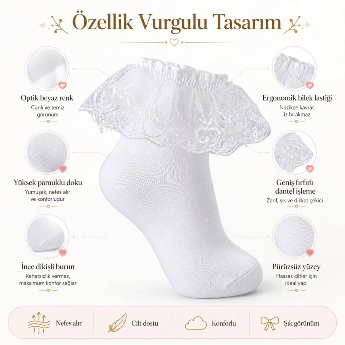 Kız Çocuk 6'lı Beyaz Dantelli Soket Çorap, Yüksek Pamuklu Okul Gösteri ve Özel Gün Çorabı
